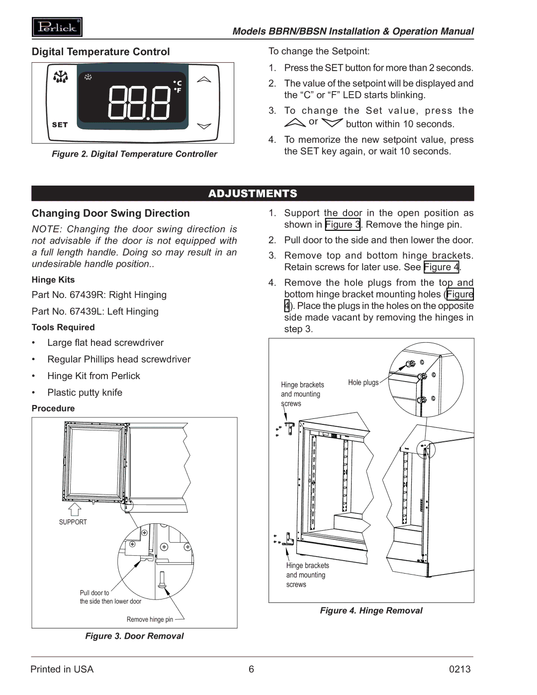 Perlick BBRN, BBSN operation manual Digital Temperature Control, Adjustments, Changing Door Swing Direction 