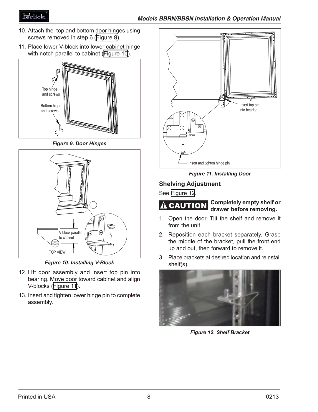 Perlick BBRN, BBSN operation manual Shelving Adjustment, Door Hinges 