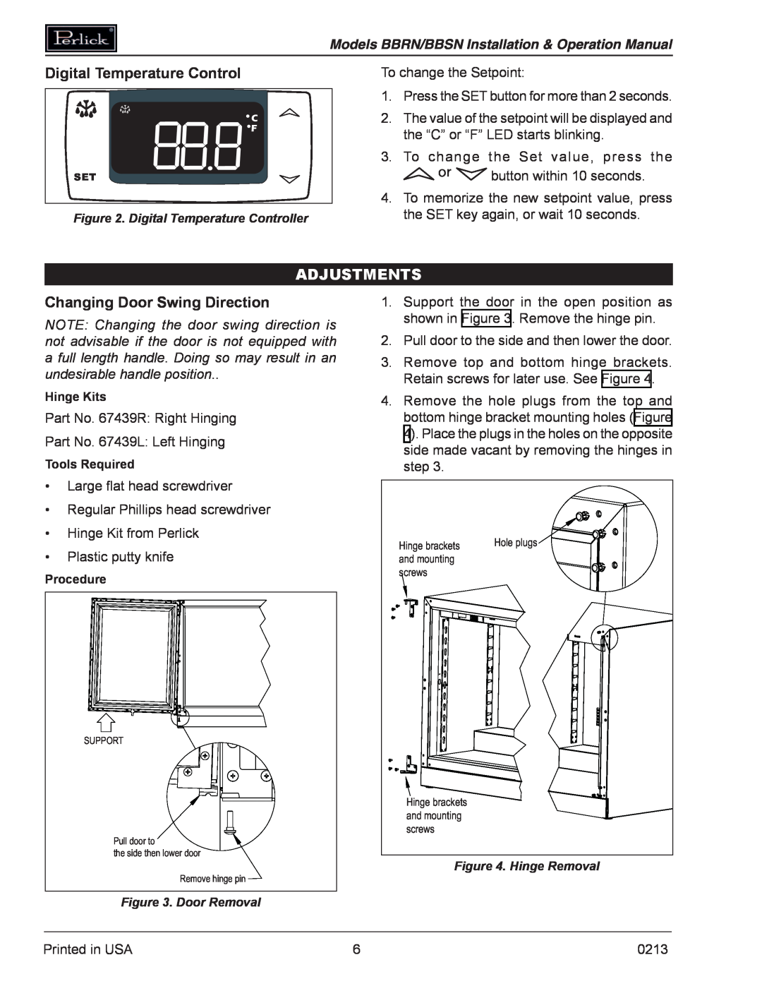Perlick BBRN, BBSN operation manual Digital Temperature Control, Adjustments, Changing Door Swing Direction 