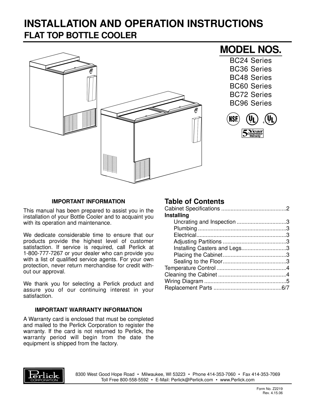 Perlick BC24 Series, BC48 Series, BC36 Series, BC96 Series specifications Installation and Operation Instructions 