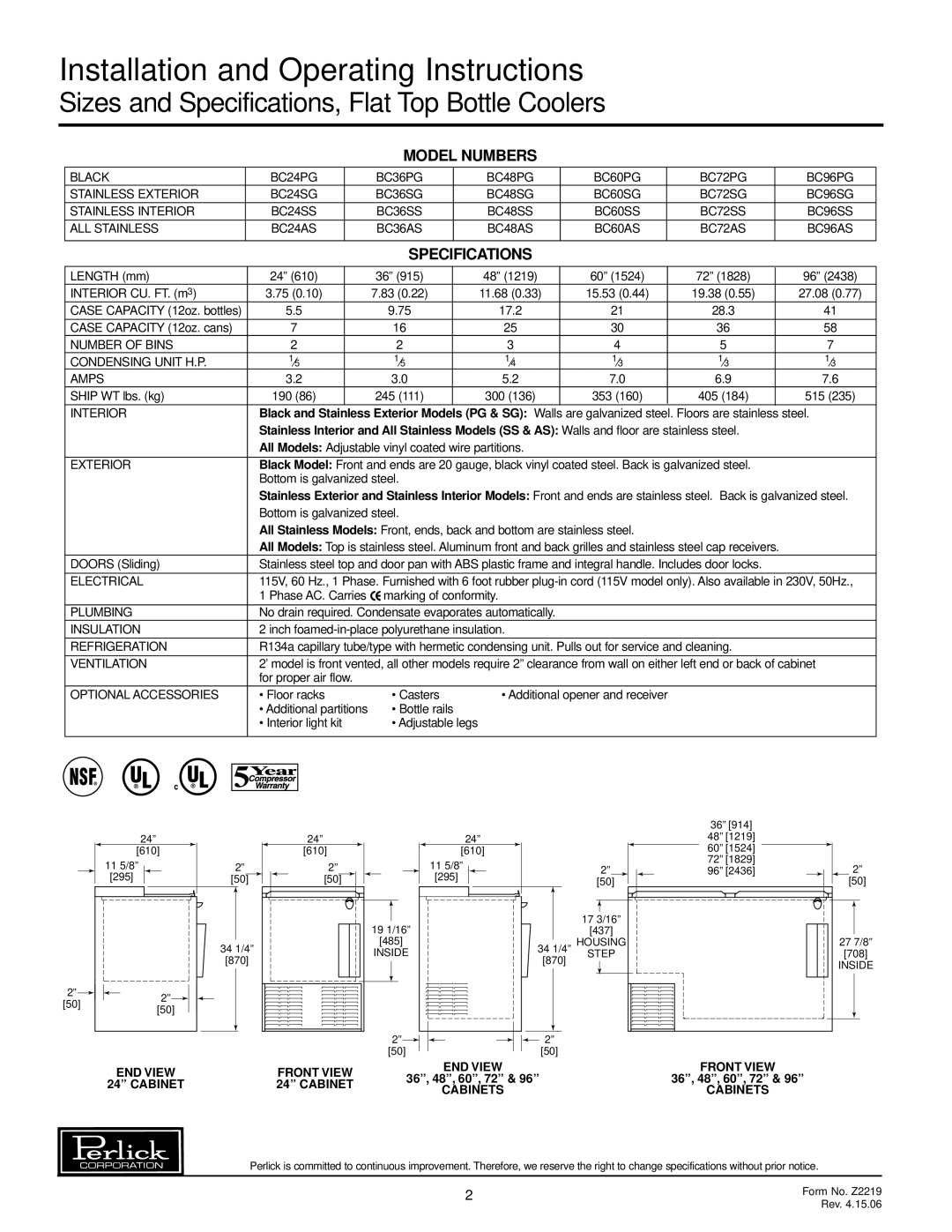 Perlick BC36 Series Installation and Operating Instructions, Sizes and Specifications, Flat Top Bottle Coolers 