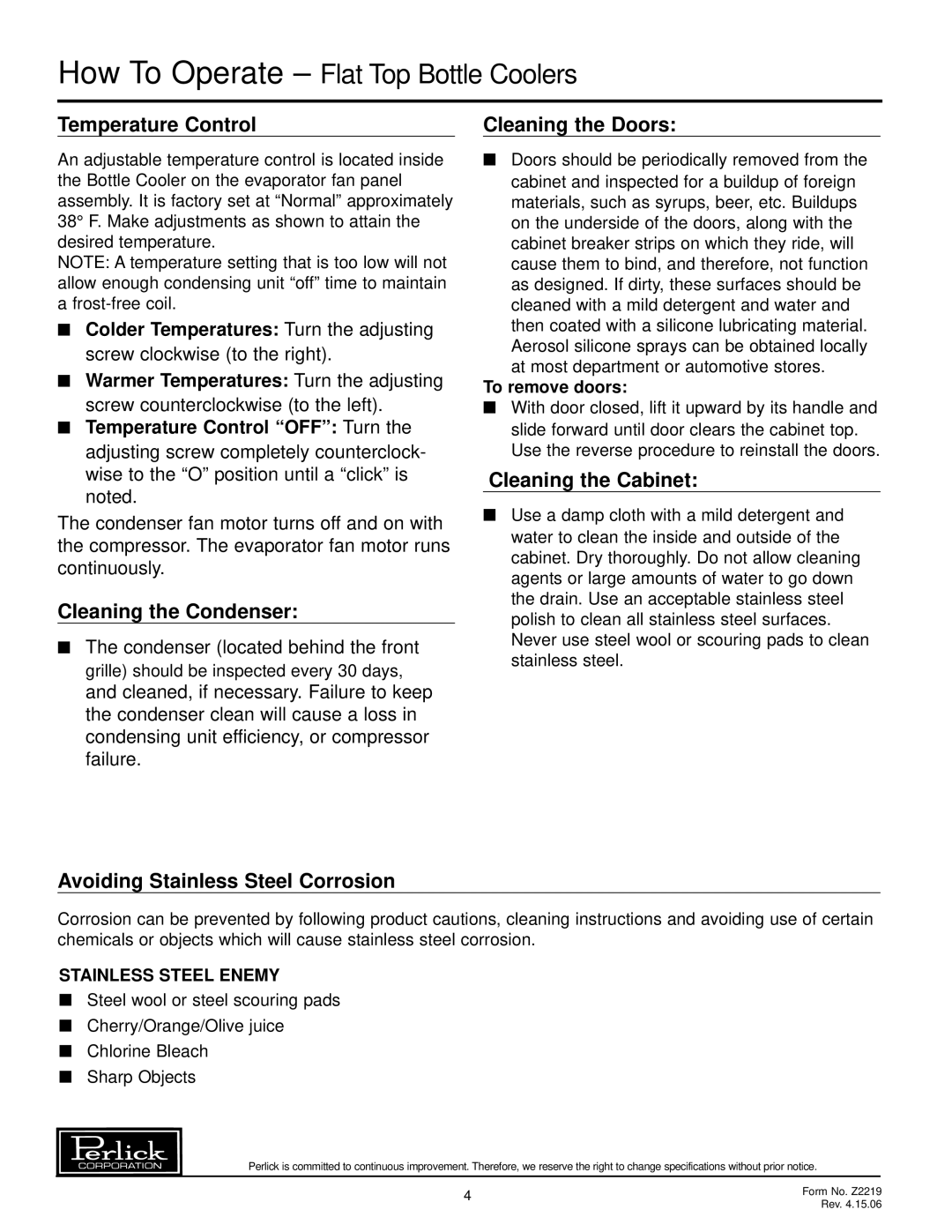 Perlick BC72 Series How To Operate Flat Top Bottle Coolers, Temperature Control Cleaning the Doors, Cleaning the Condenser 