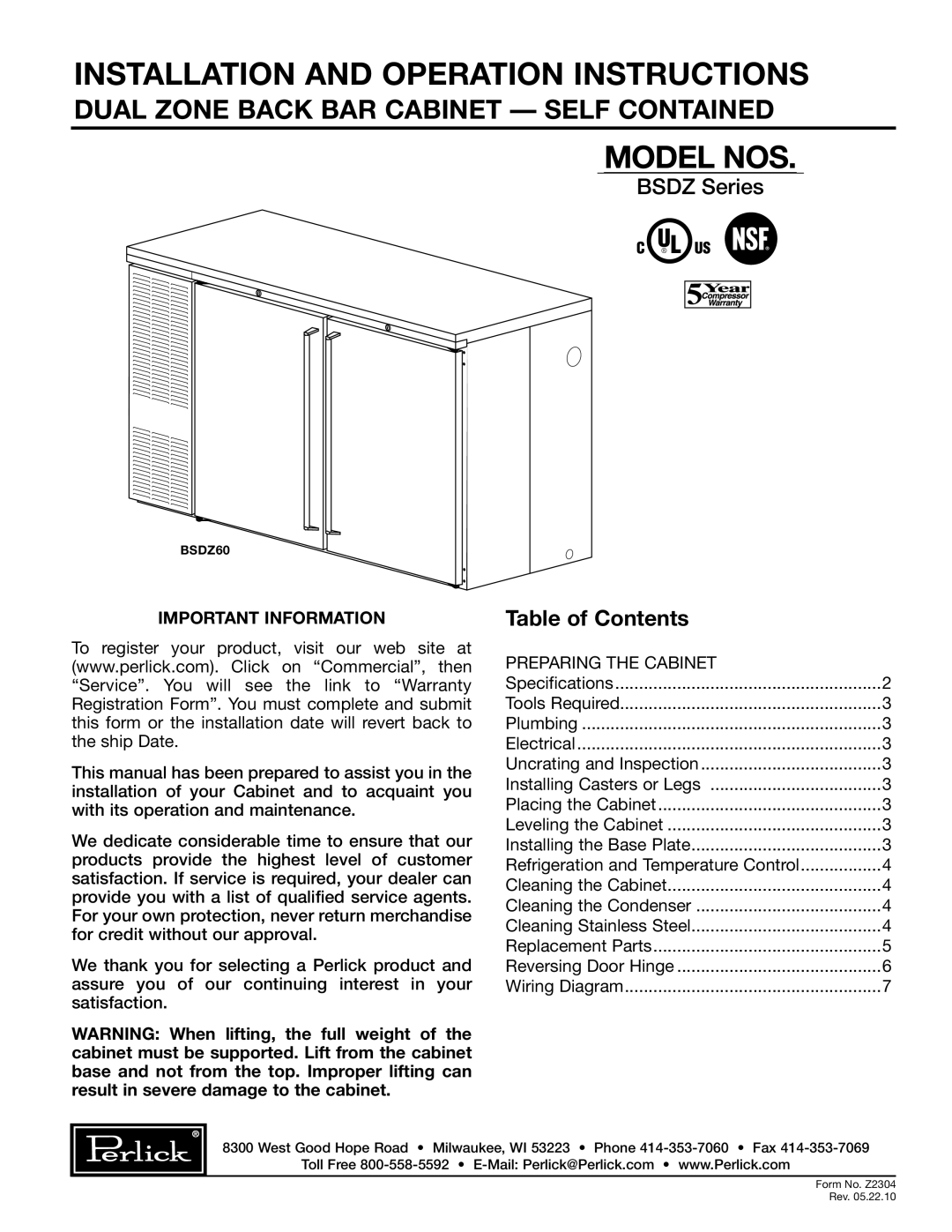 Perlick BSDZ specifications Model NOS 