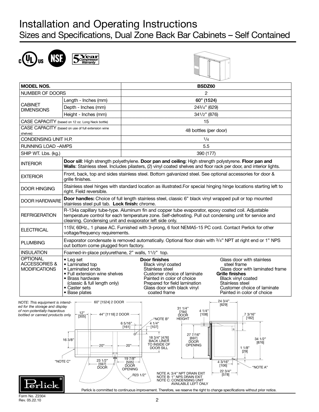 Perlick BSDZ specifications Installation and Operating Instructions, Model Nos, Door finishes, Grille finishes 