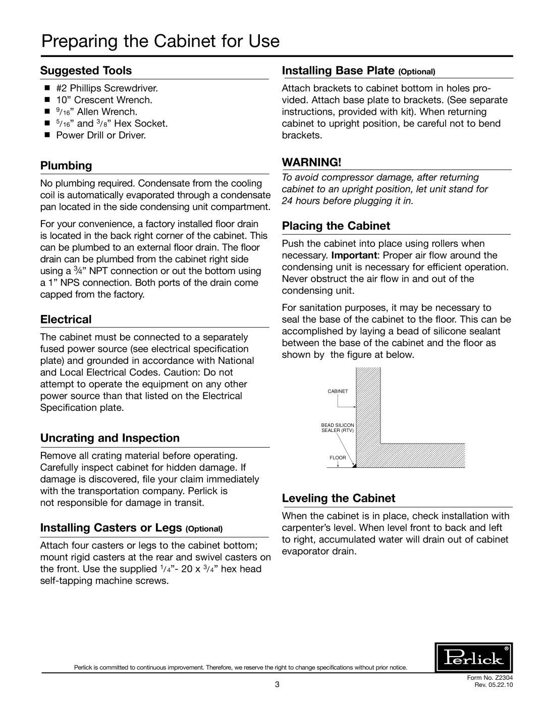 Perlick BSDZ specifications Preparing the Cabinet for Use 