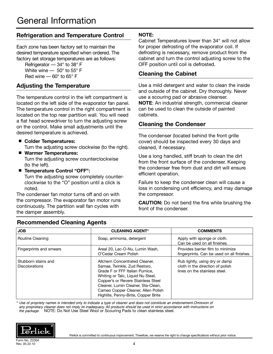 Perlick BSDZ specifications General Information 