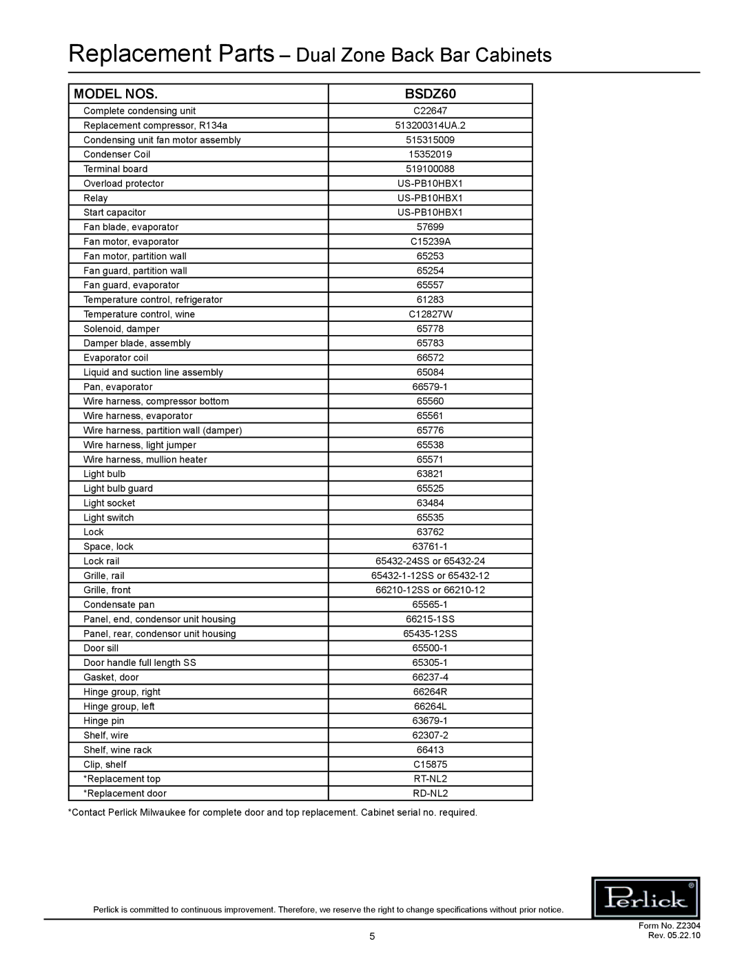 Perlick specifications Replacement Parts Dual Zone Back Bar Cabinets, Model NOS BSDZ60 