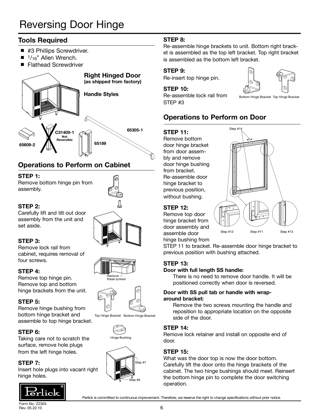 Perlick BSDZ Reversing Door Hinge, Tools Required, Operations to Perform on Door, Operations to Perform on Cabinet, Step 