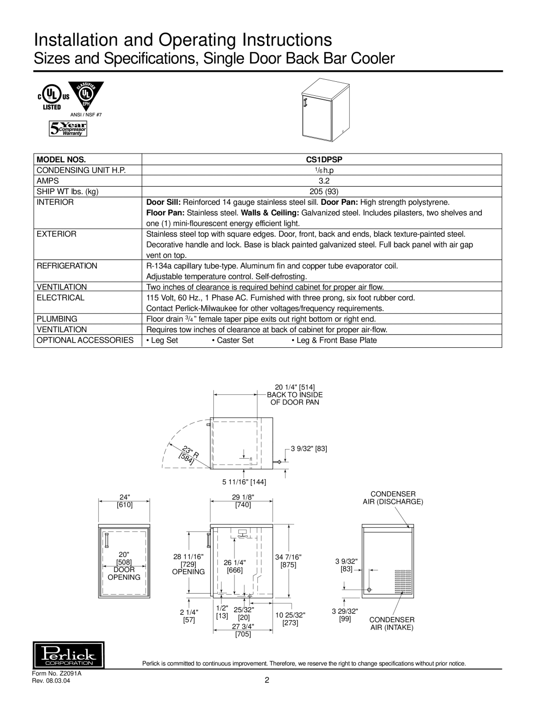 Perlick CS1DPSP specifications Installation and Operating Instructions 