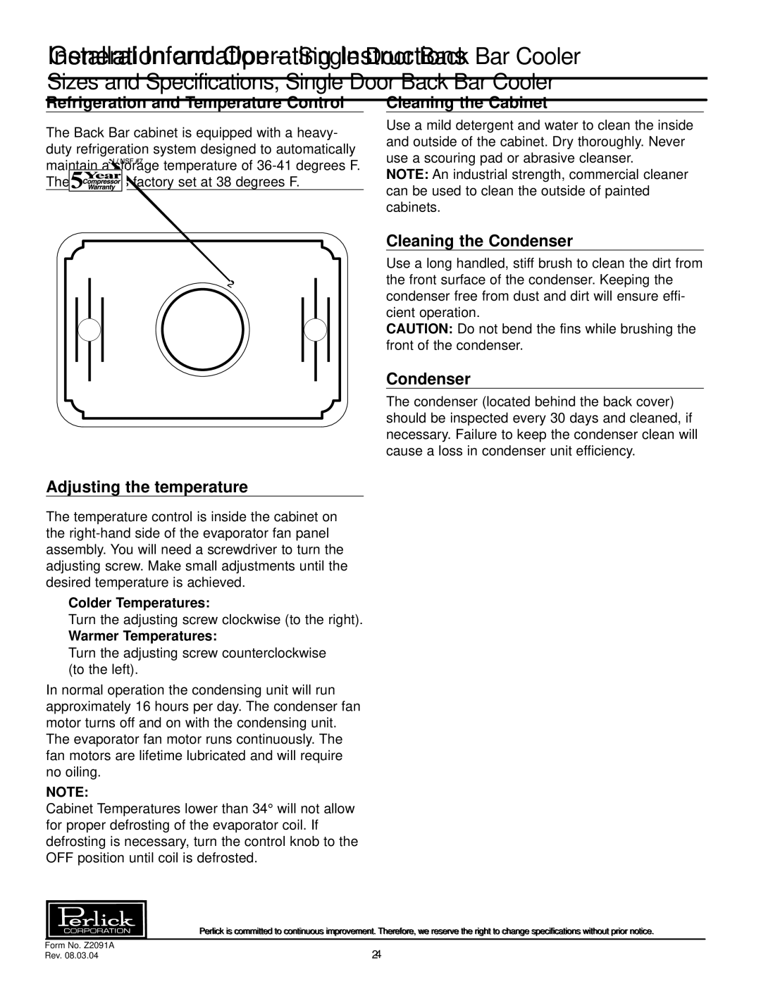 Perlick CS1DPSP specifications General Information Single Door Back Bar Cooler 