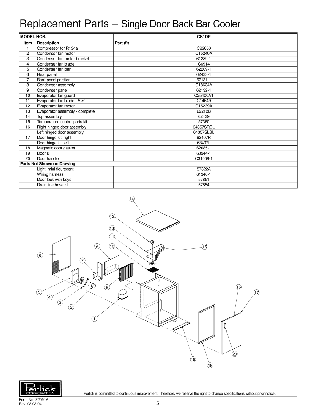 Perlick CS1DPSP specifications Replacement Parts Single Door Back Bar Cooler 