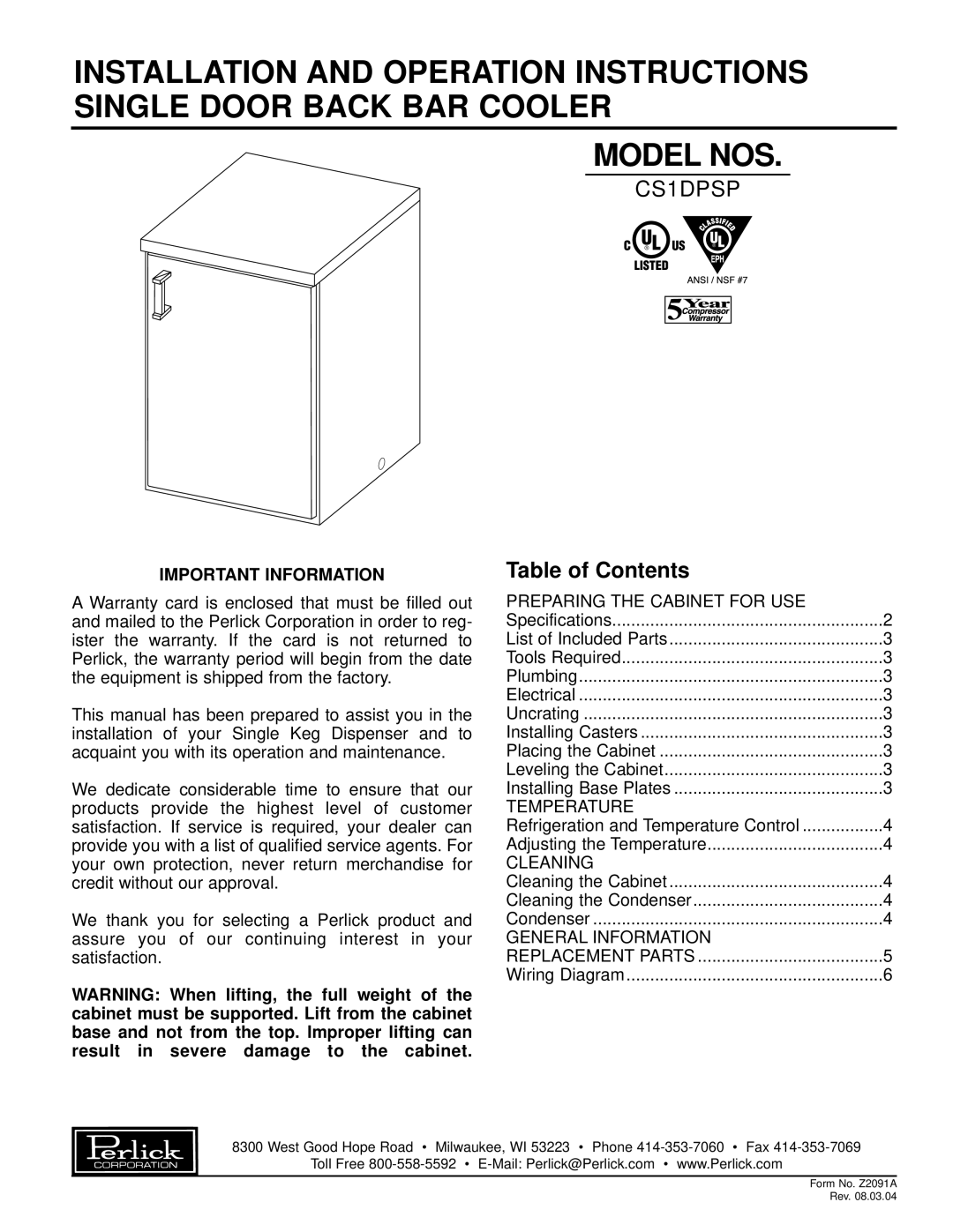 Perlick CS1DPSP specifications Important Information, Model Nos, Table of Contents 