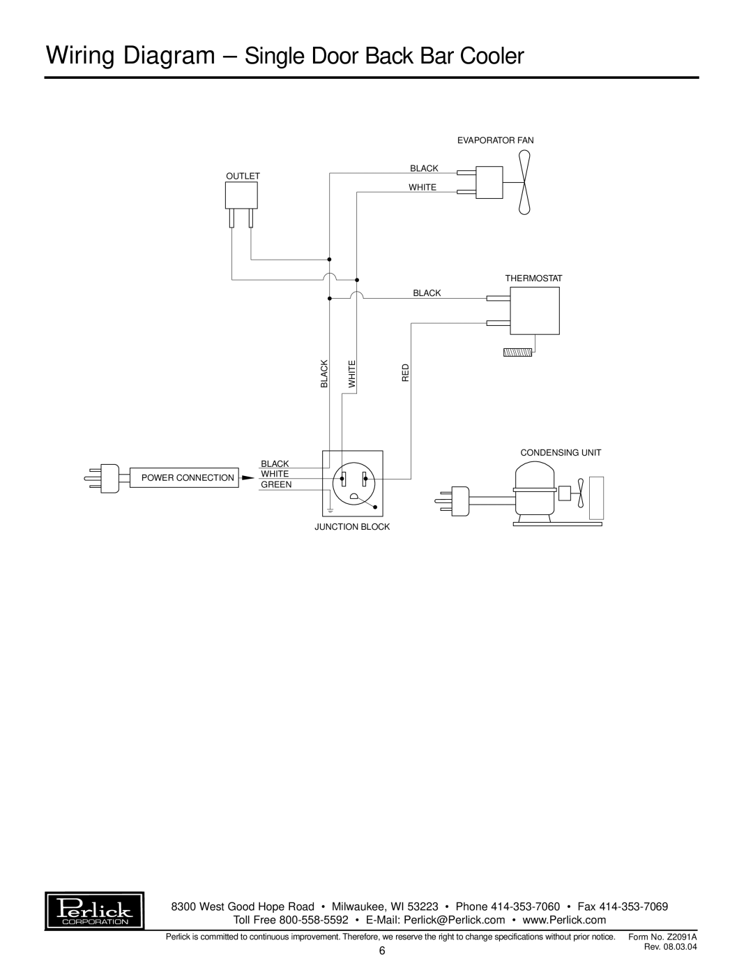 Perlick CS1DPSP specifications Wiring Diagram - Single Door Back Bar Cooler 