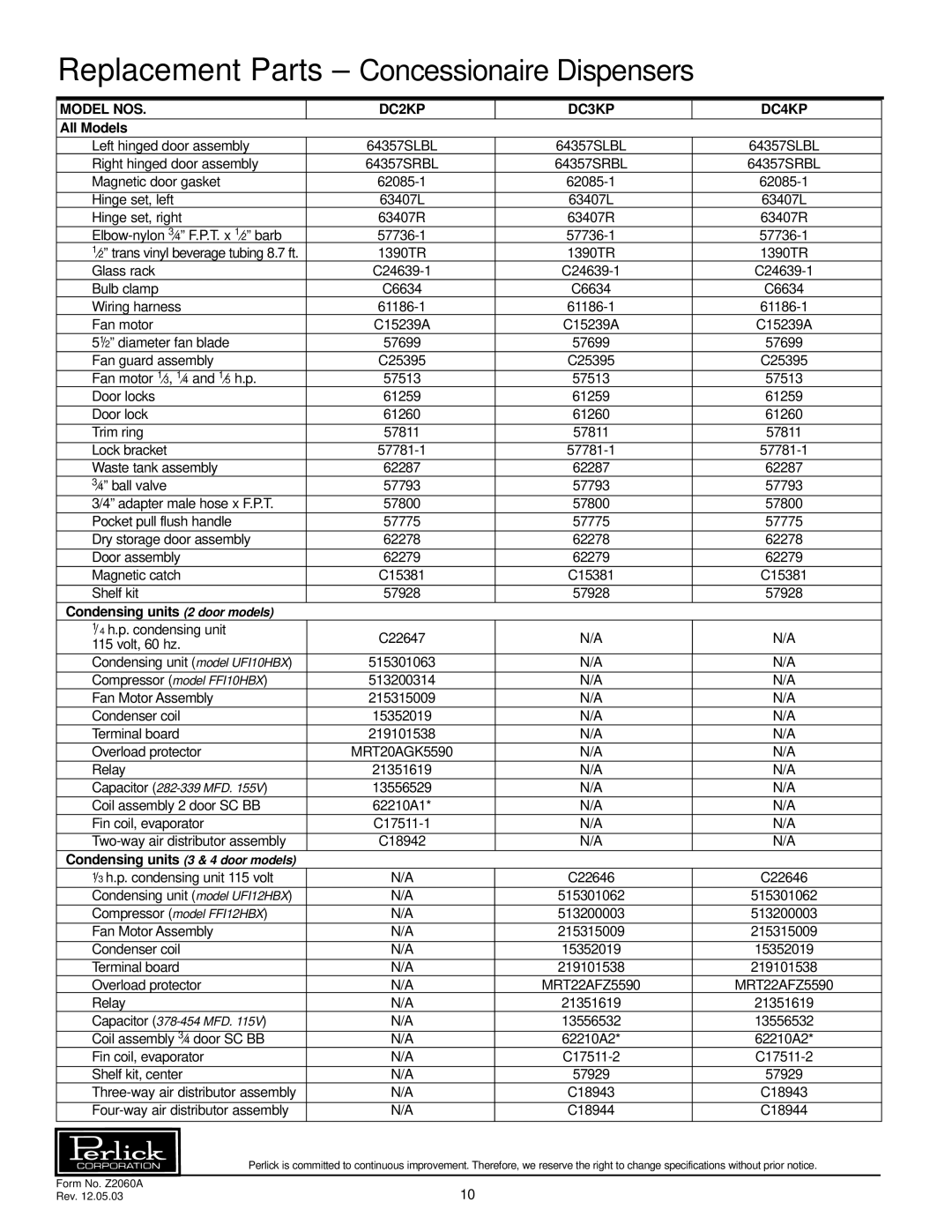 Perlick DC Series specifications Replacement Parts Concessionaire Dispensers, All Models, Condensing units 2 door models 