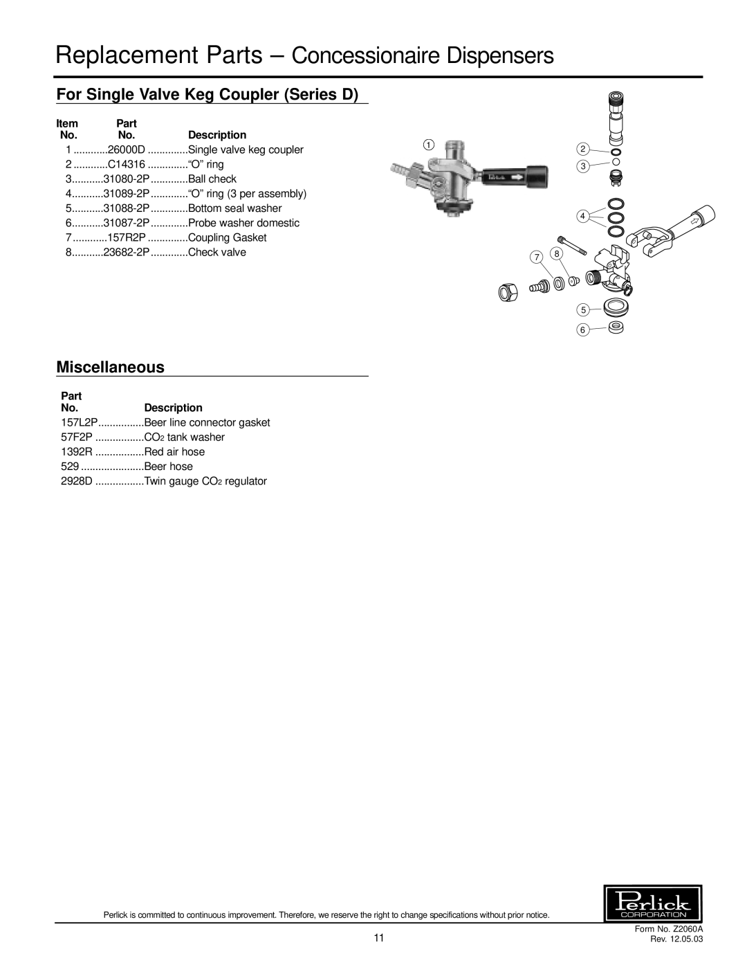 Perlick DC Series specifications For Single Valve Keg Coupler Series D, Miscellaneous, Part Description 