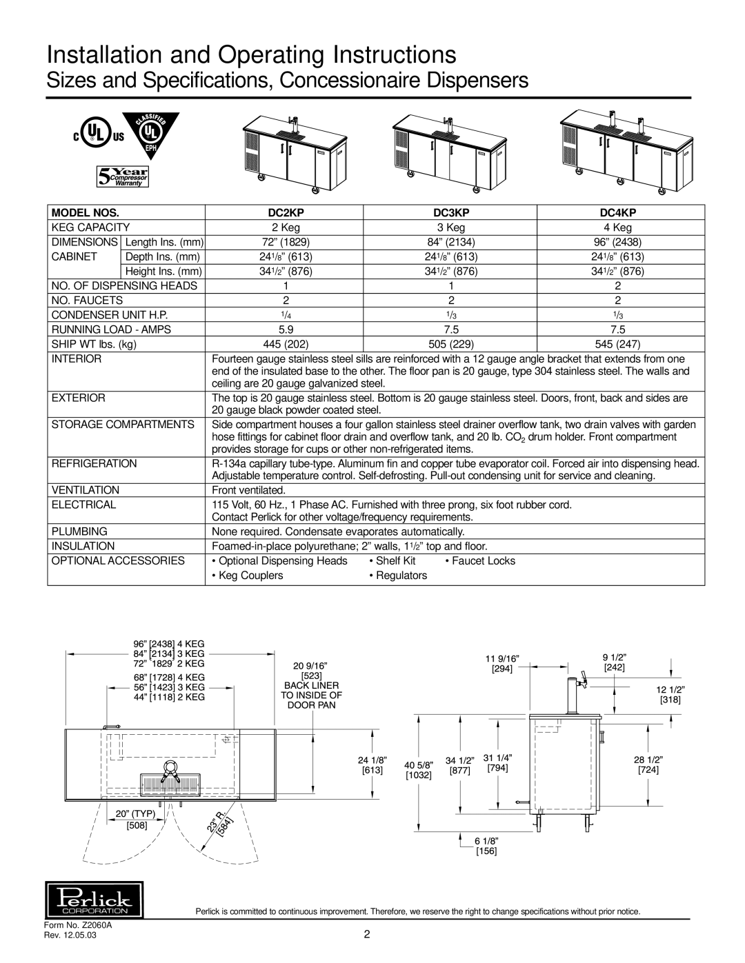 Perlick DC Series Installation and Operating Instructions, Sizes and Specifications, Concessionaire Dispensers 