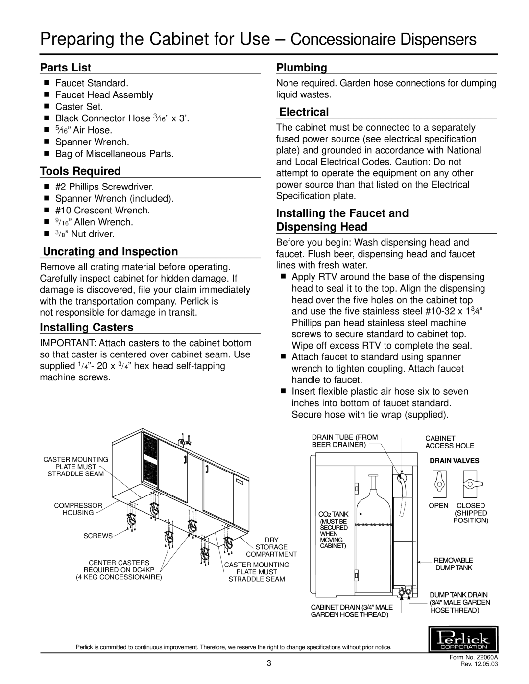 Perlick DC Series specifications Preparing the Cabinet for Use Concessionaire Dispensers 