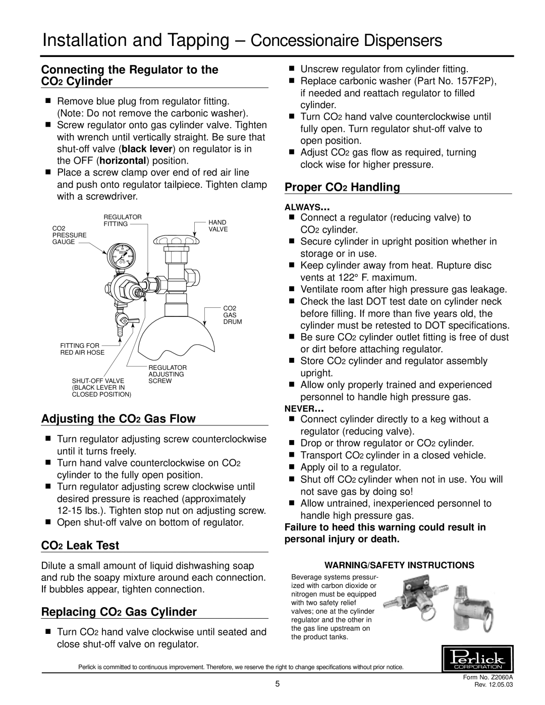 Perlick DC Series Connecting the Regulator to the CO2 Cylinder, Proper CO2 Handling, Adjusting the CO2 Gas Flow 