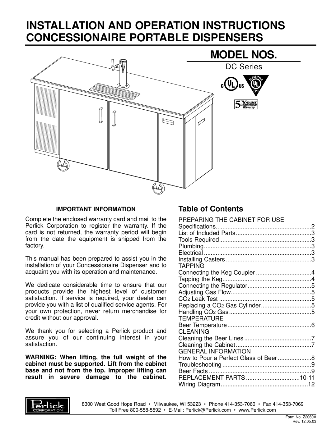 Perlick DC Series specifications Important Information, Model Nos, Table of Contents 