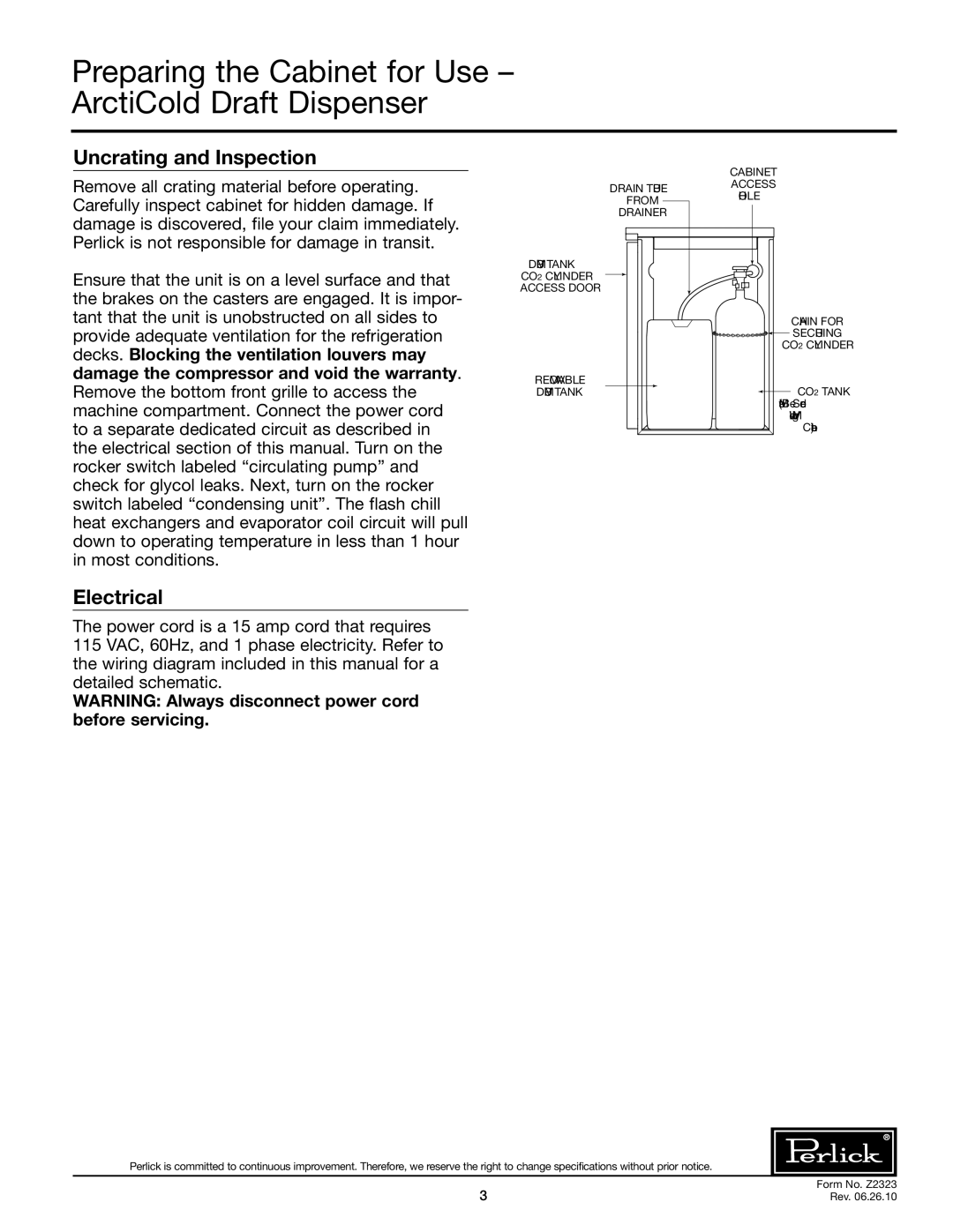 Perlick DC90ACLT Preparing the Cabinet for Use ArctiCold Draft Dispenser, Uncrating and Inspection, Electrical 