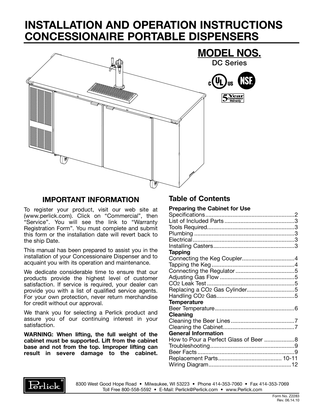 Perlick DC84S, DC96S, DC72S specifications Model NOS 