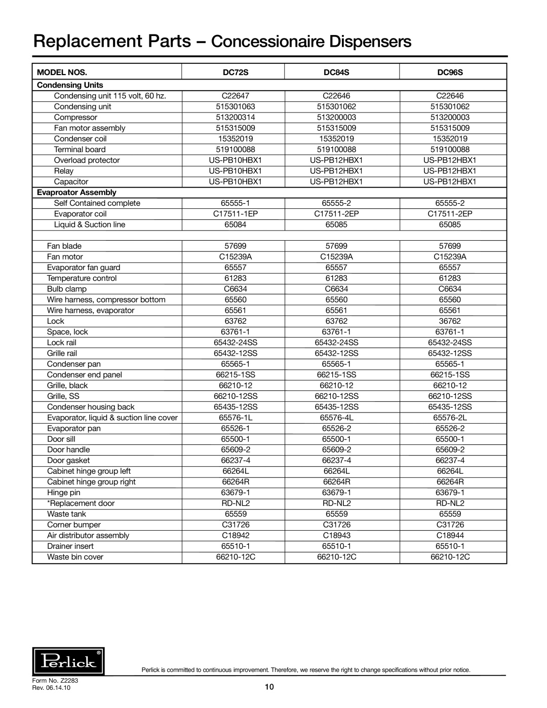 Perlick Replacement Parts Concessionaire Dispensers, DC72S DC84S DC96S Condensing Units, Evaproator Assembly 