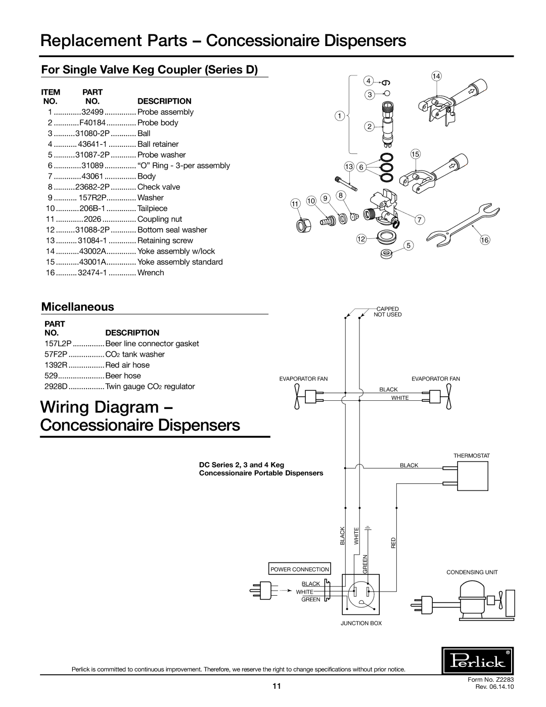 Perlick DC72S, DC96S, DC84S Wiring Diagram Concessionaire Dispensers, For Single Valve Keg Coupler Series D, Micellaneous 