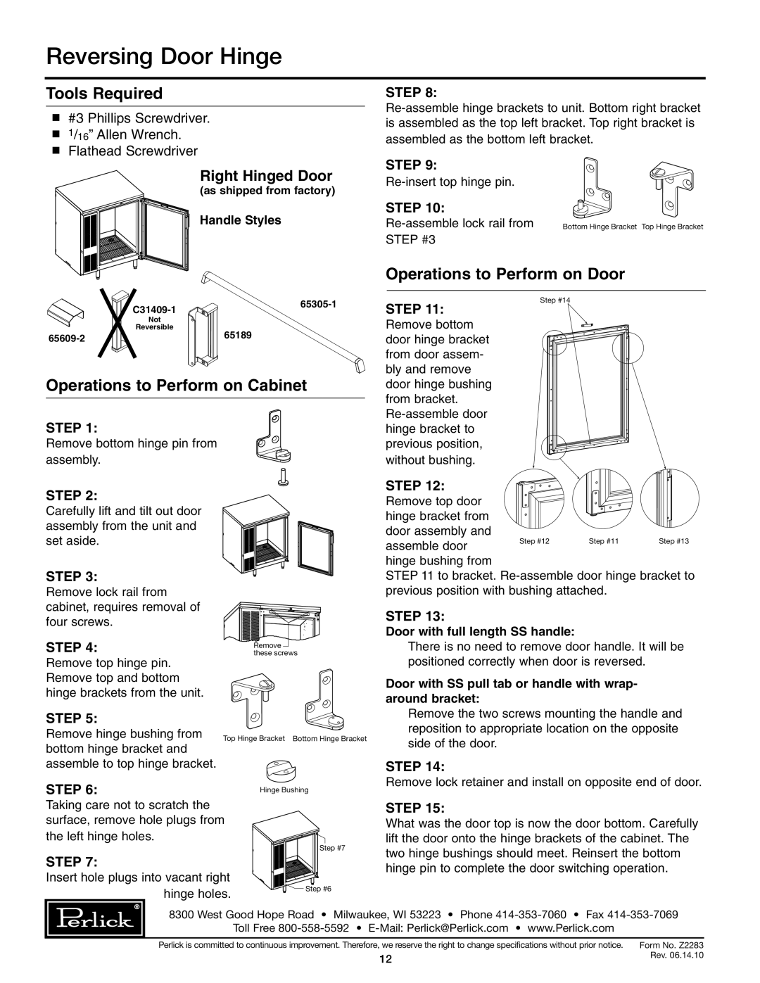 Perlick DC96S, DC84S, DC72S specifications Reversing Door Hinge, Tools Required 