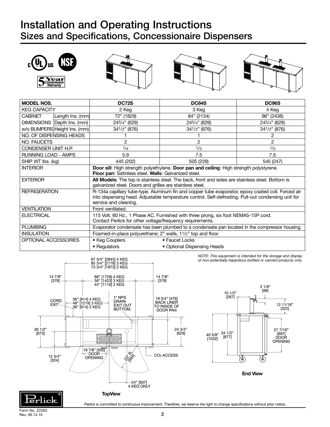 Perlick specifications Installation and Operating Instructions, Model Nos DC72S DC84S DC96S, End View TopView 