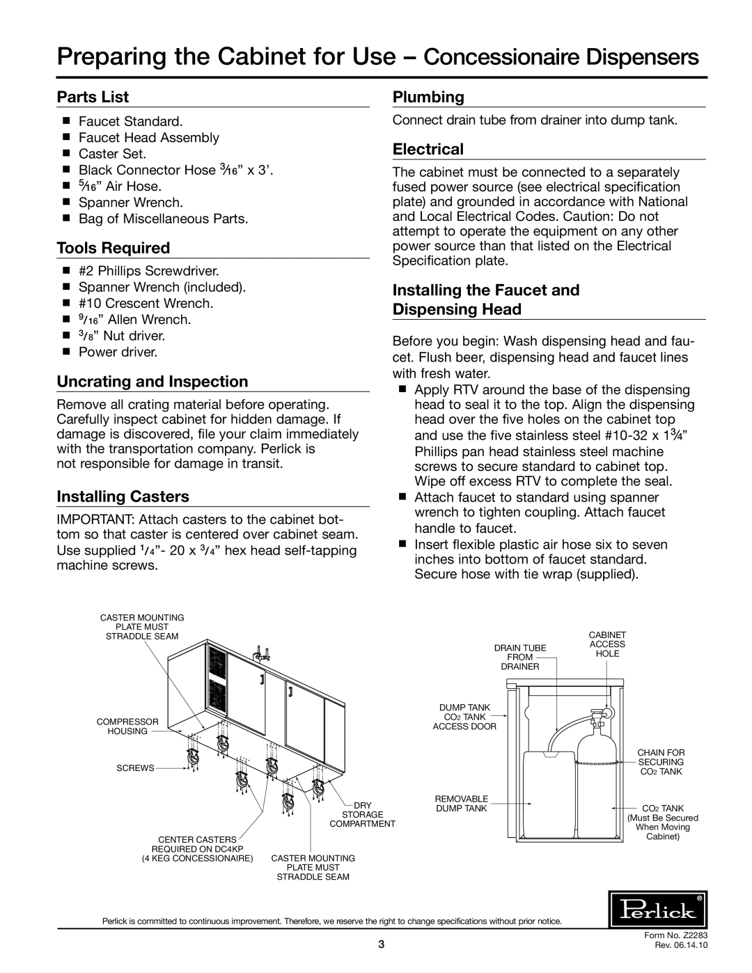 Perlick DC96S, DC84S, DC72S specifications Preparing the Cabinet for Use Concessionaire Dispensers 