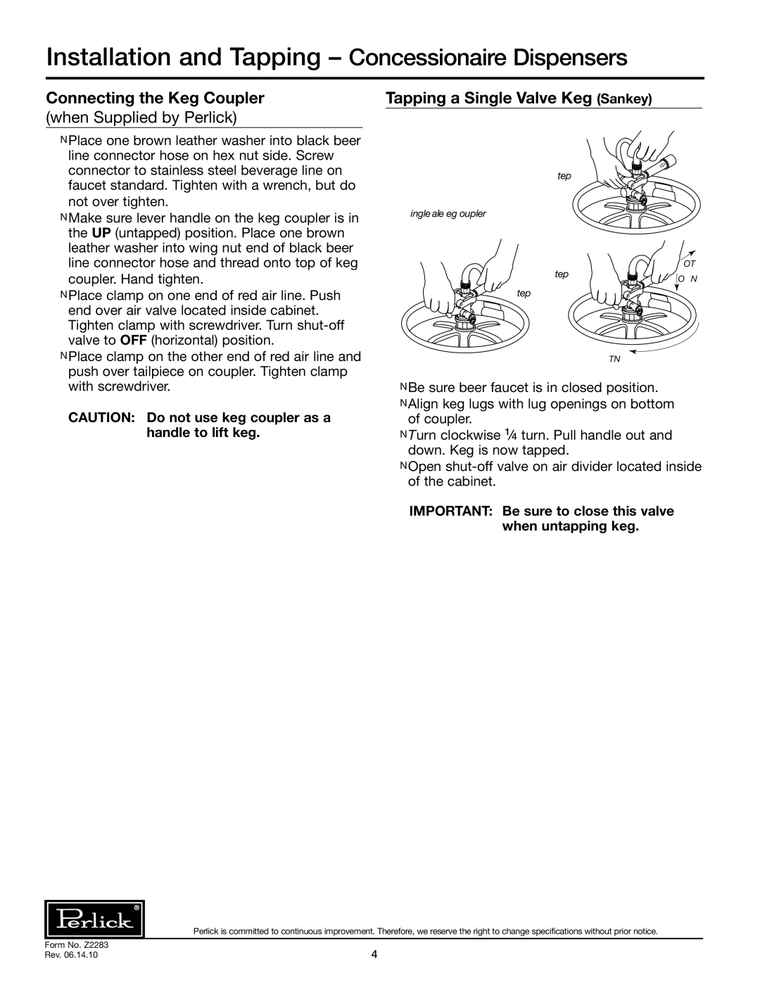 Perlick DC84S, DC96S, DC72S specifications Installation and Tapping Concessionaire Dispensers, Connecting the Keg Coupler 