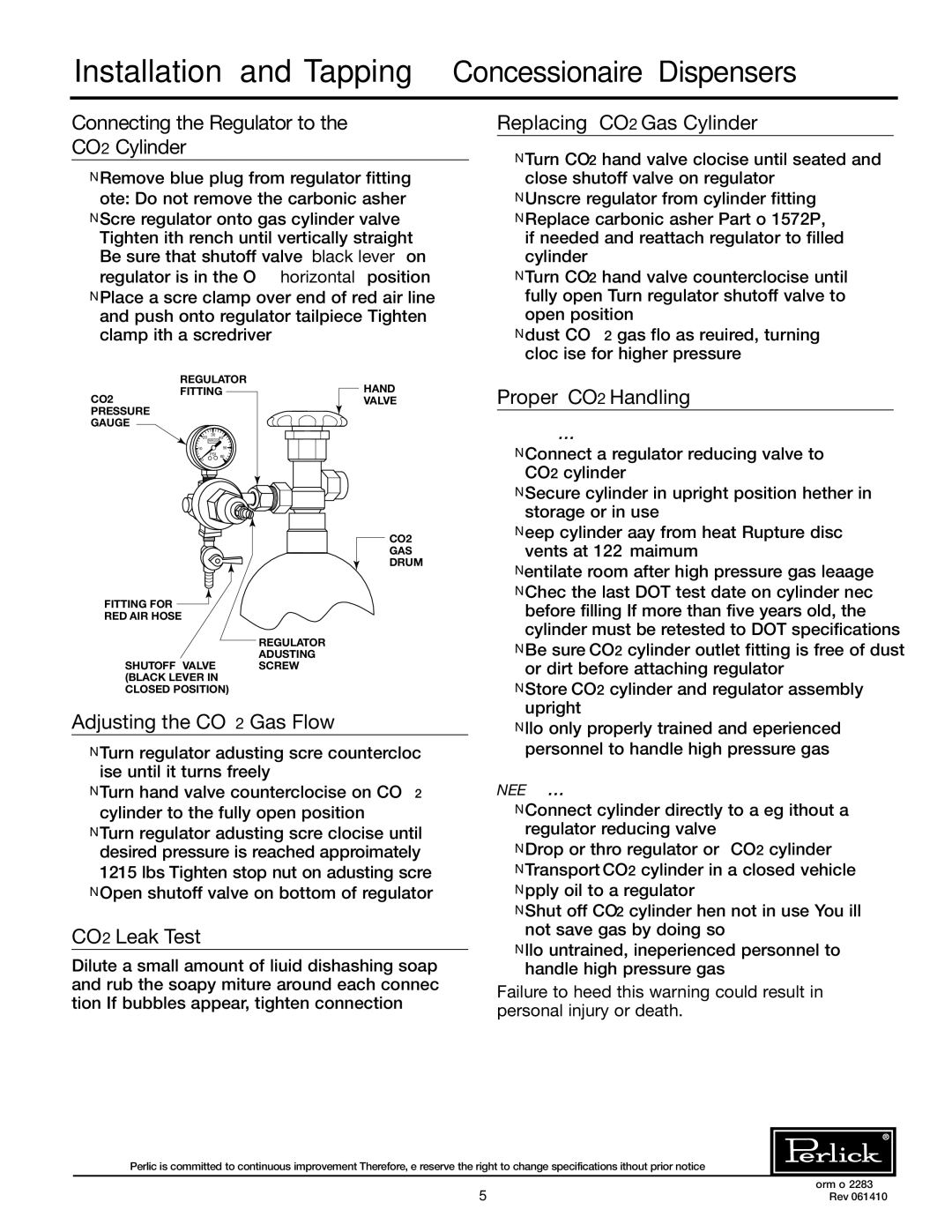 Perlick DC72S Connecting the Regulator to the CO2 Cylinder, Replacing CO2 Gas Cylinder, Proper CO2 Handling, CO2 Leak Test 