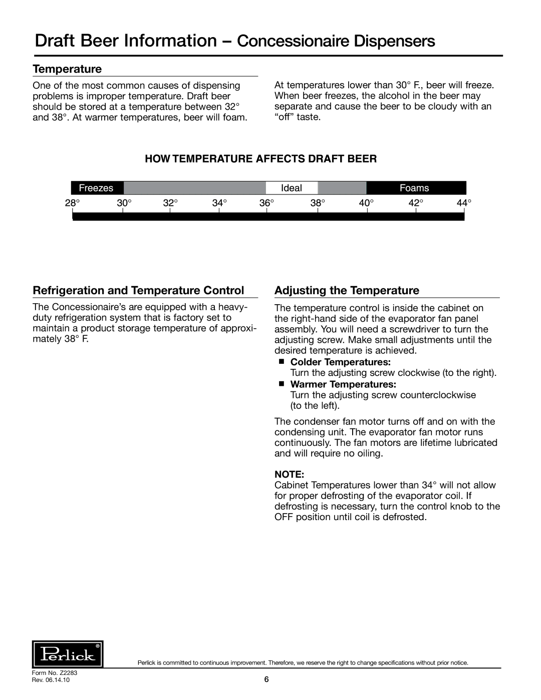 Perlick DC96S, DC84S, DC72S Draft Beer Information Concessionaire Dispensers, Refrigeration and Temperature Control 