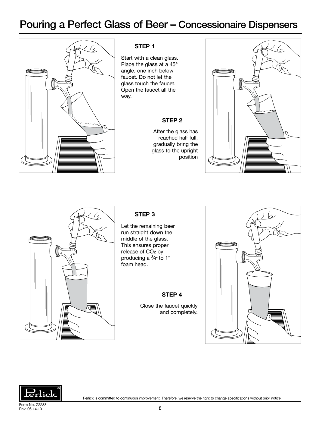 Perlick DC72S, DC96S, DC84S specifications Pouring a Perfect Glass of Beer Concessionaire Dispensers, Step 