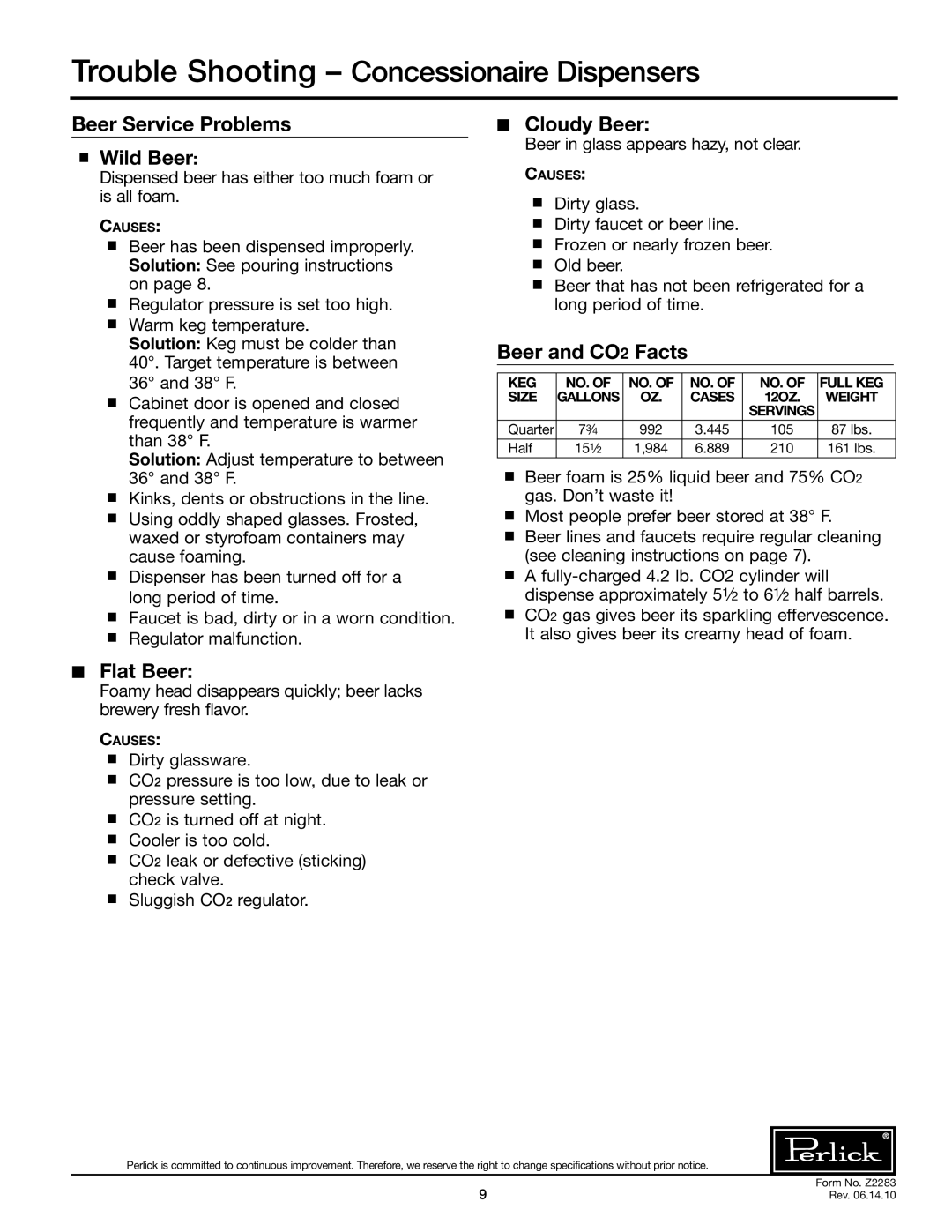 Perlick DC96S, DC84S Trouble Shooting Concessionaire Dispensers, Beer Service Problems Wild Beer, Flat Beer, Cloudy Beer 