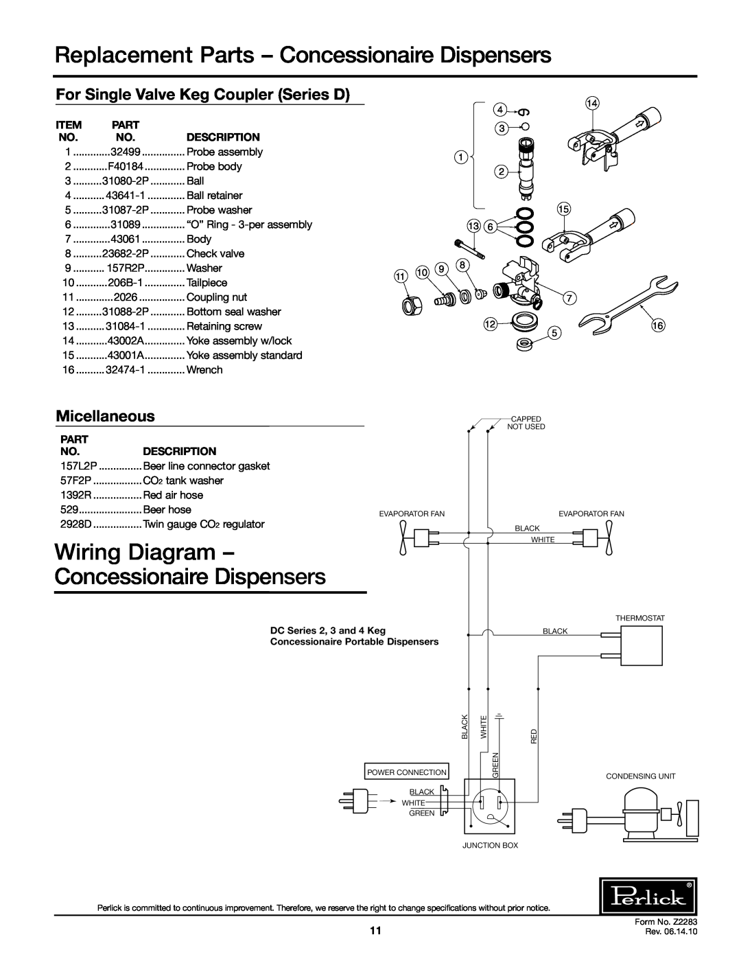 Perlick DC72S, DC96S Wiring Diagram Concessionaire Dispensers, For Single Valve Keg Coupler Series D, Micellaneous, Part 