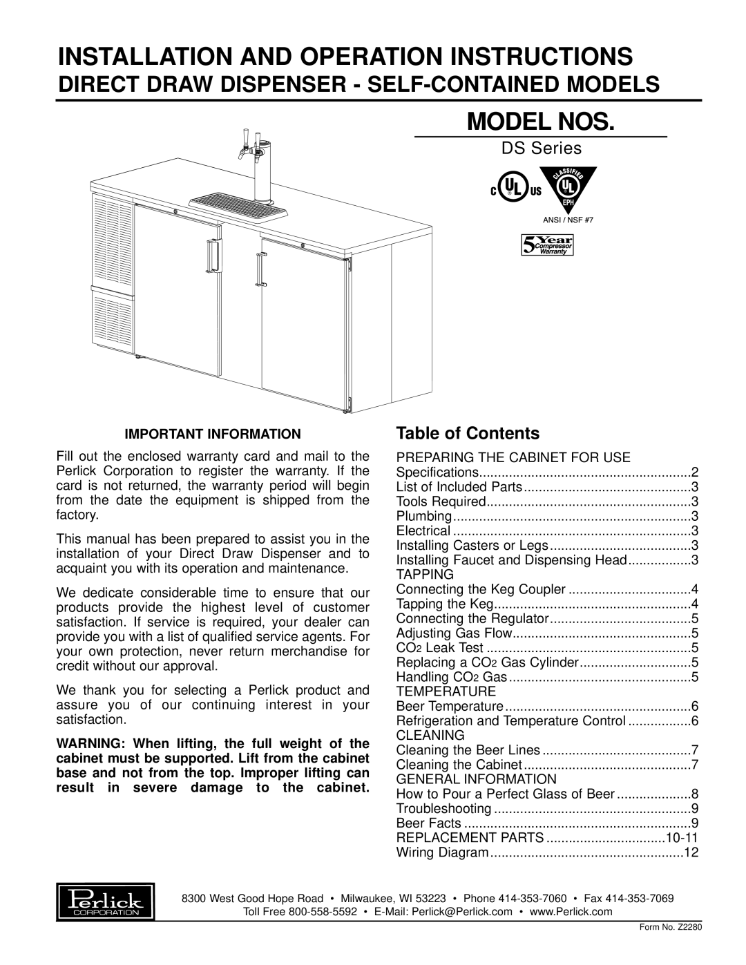 Perlick DS32, DP32 specifications Installation and Operation Instructions 