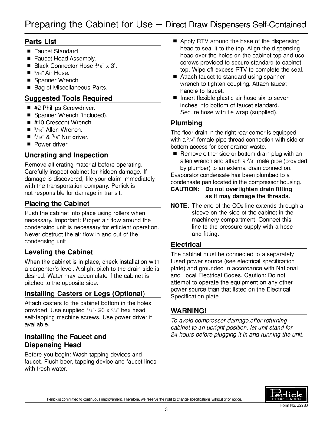 Perlick DS32 Parts List, Suggested Tools Required, Uncrating and Inspection, Placing the Cabinet, Leveling the Cabinet 