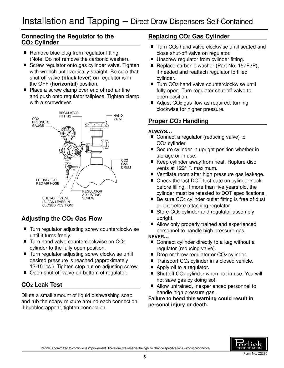 Perlick DS32 Connecting the Regulator to the CO2 Cylinder, Replacing CO2 Gas Cylinder, Proper CO2 Handling, CO2 Leak Test 