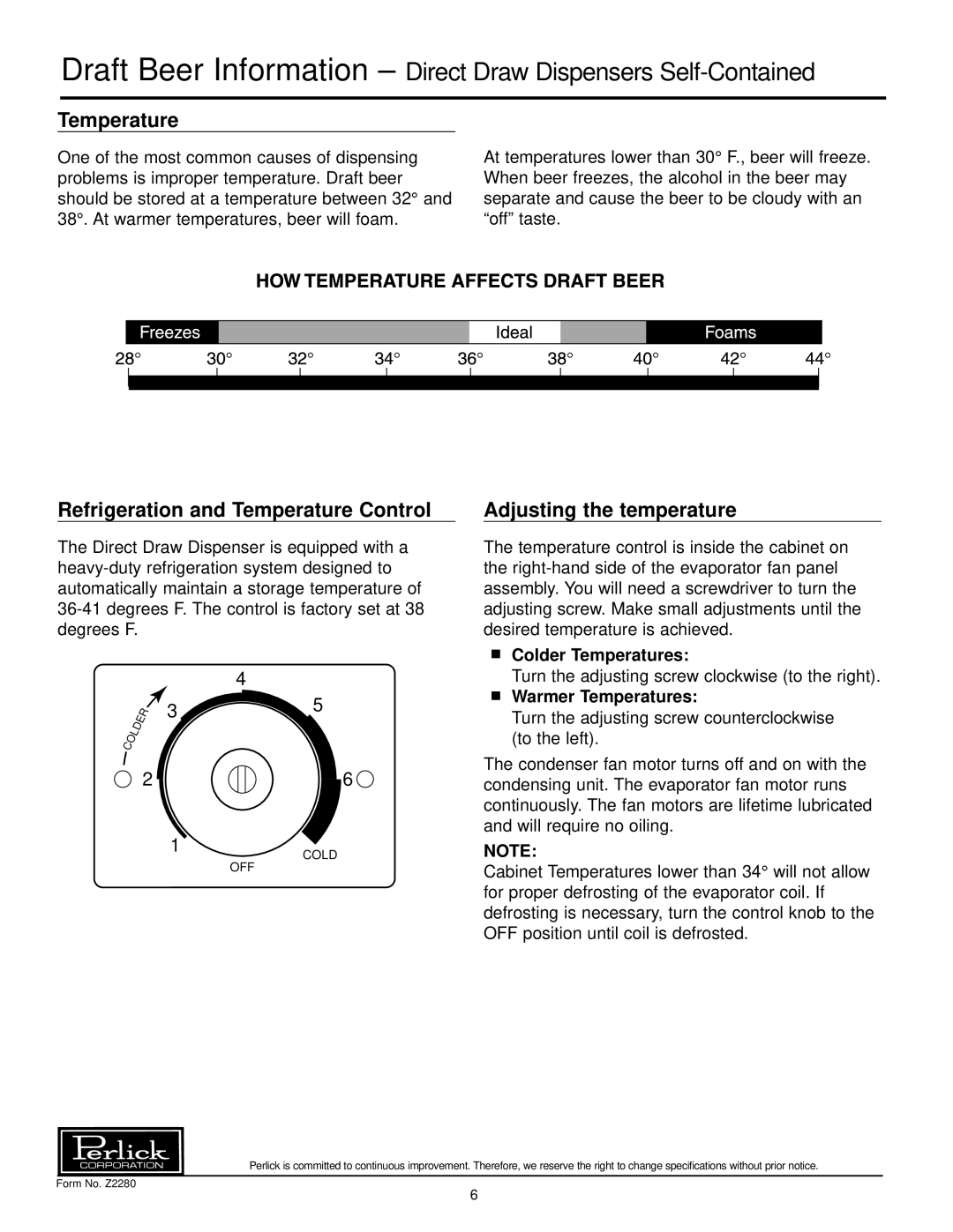 Perlick DP32, DS32 specifications Refrigeration and Temperature Control, Adjusting the temperature, Colder Temperatures 