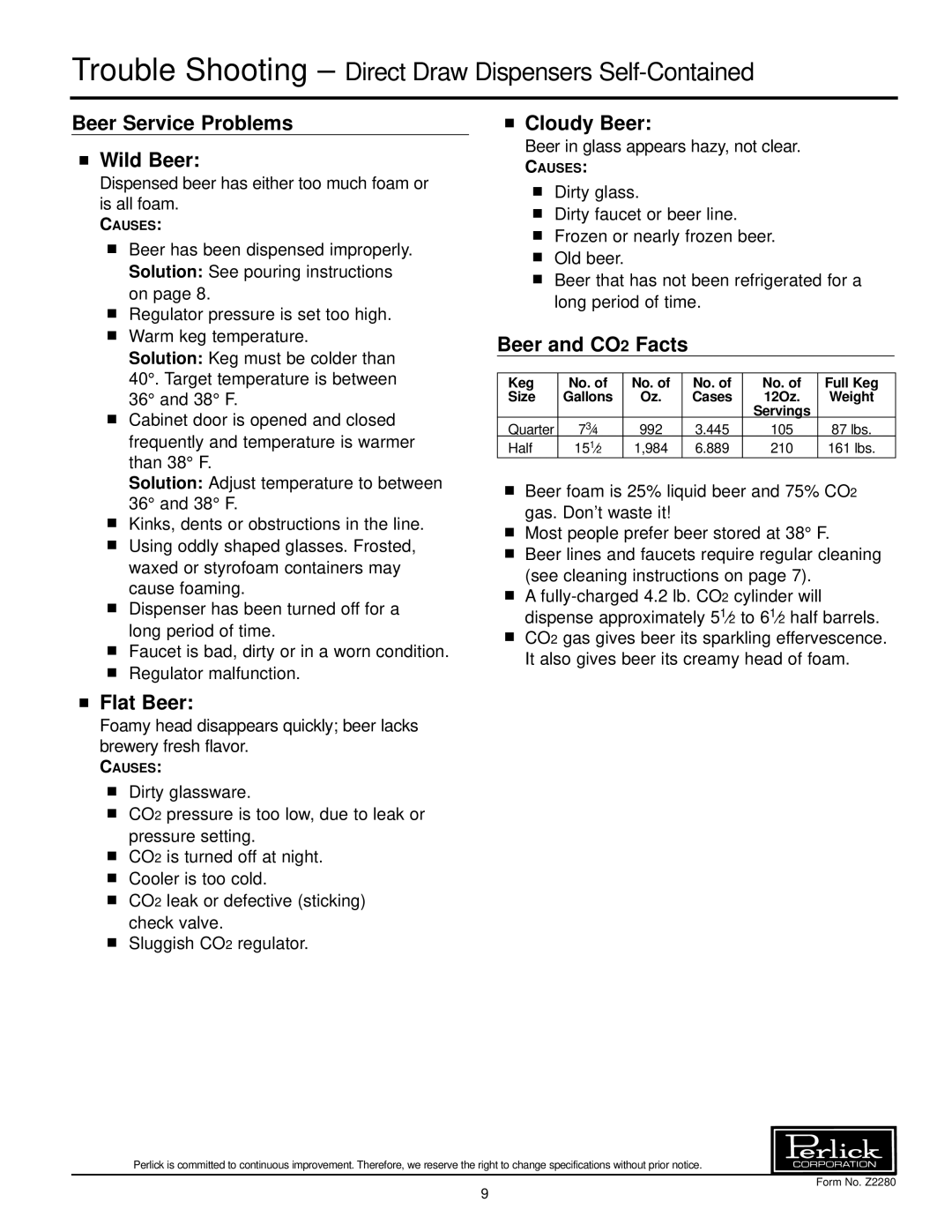 Perlick DS32, DP32 Trouble Shooting Direct Draw Dispensers Self-Contained, Beer Service Problems Wild Beer, Flat Beer 