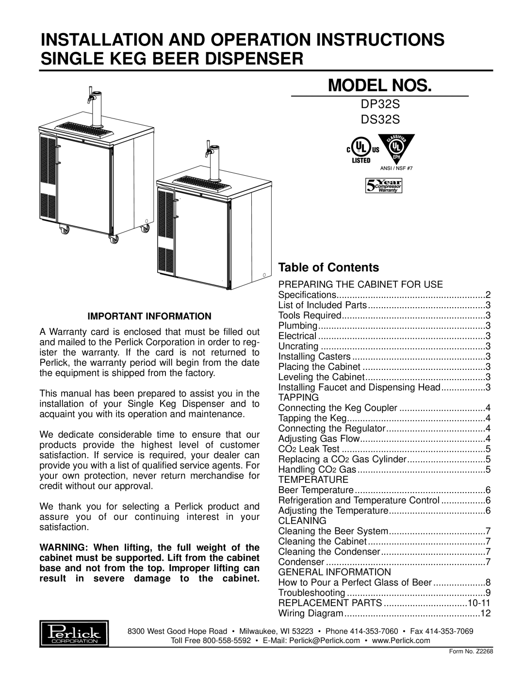 Perlick DS32S, DP32S specifications Model NOS 