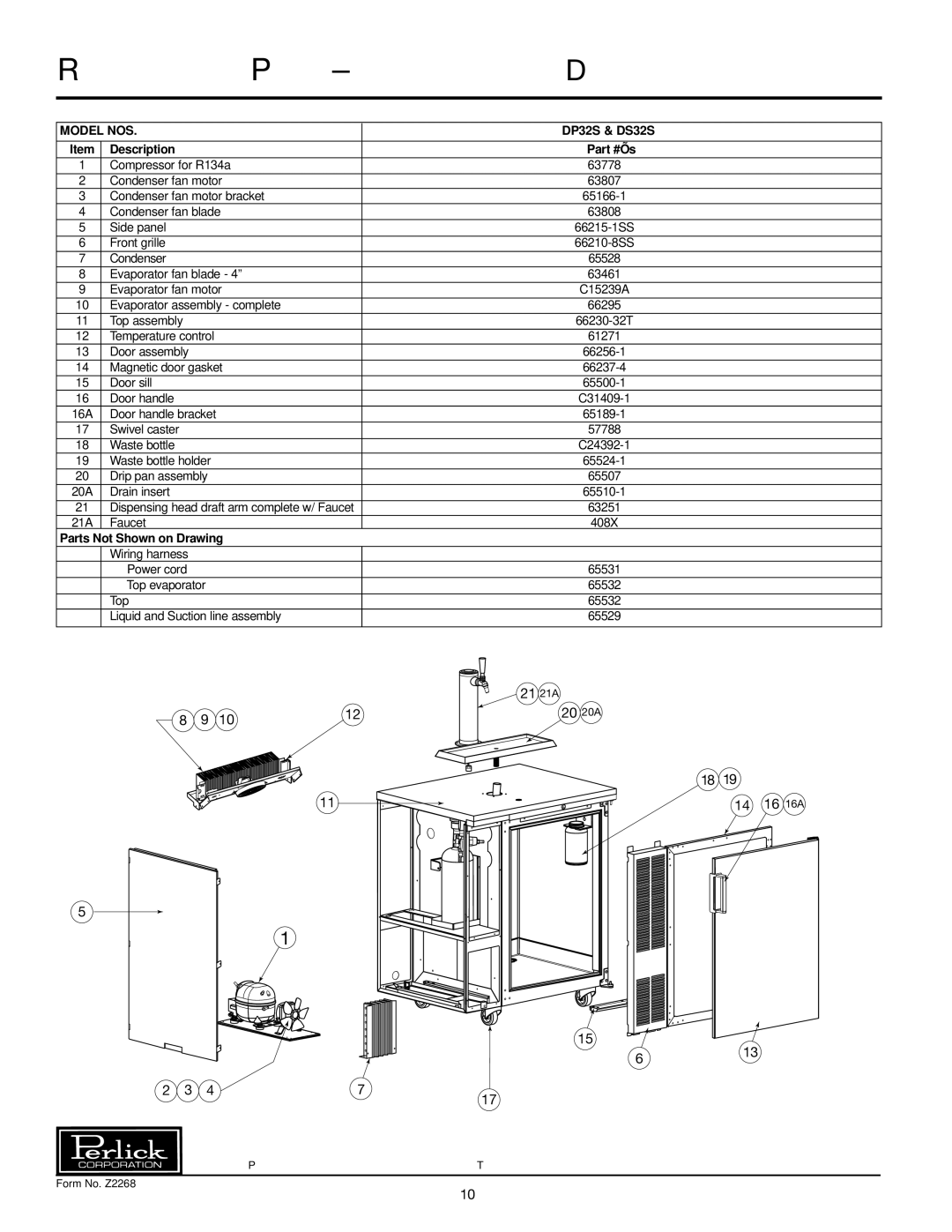 Perlick DP32S, DS32S specifications Replacement Parts Single Keg Beer Dispensers, Model NOS 