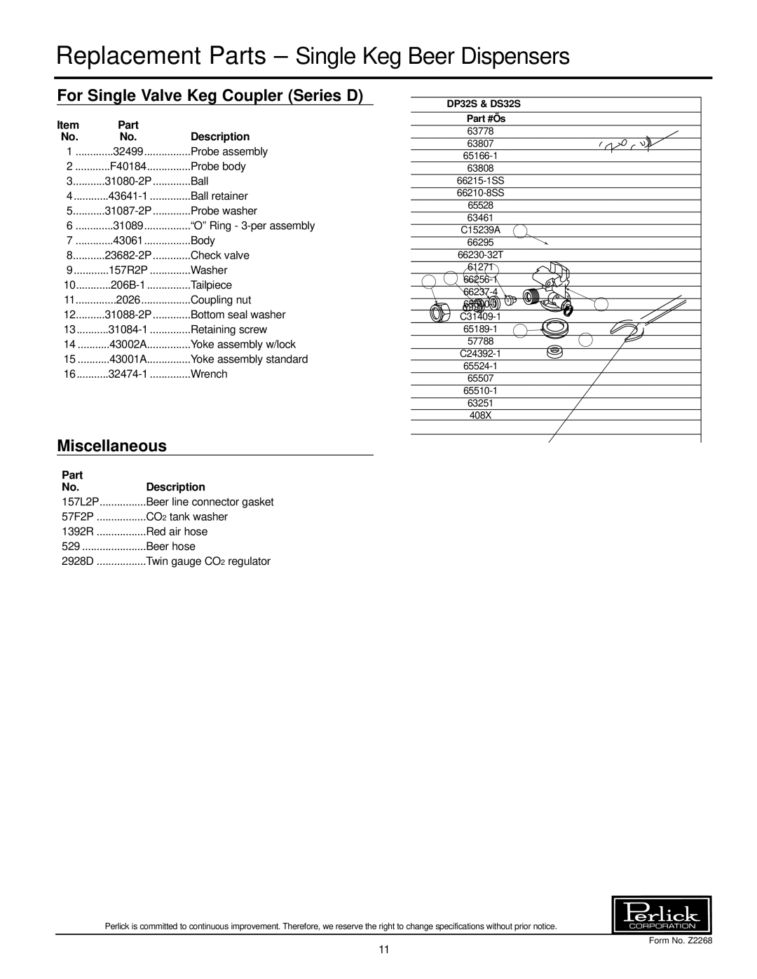 Perlick DS32S, DP32S specifications For Single Valve Keg Coupler Series D, Miscellaneous 