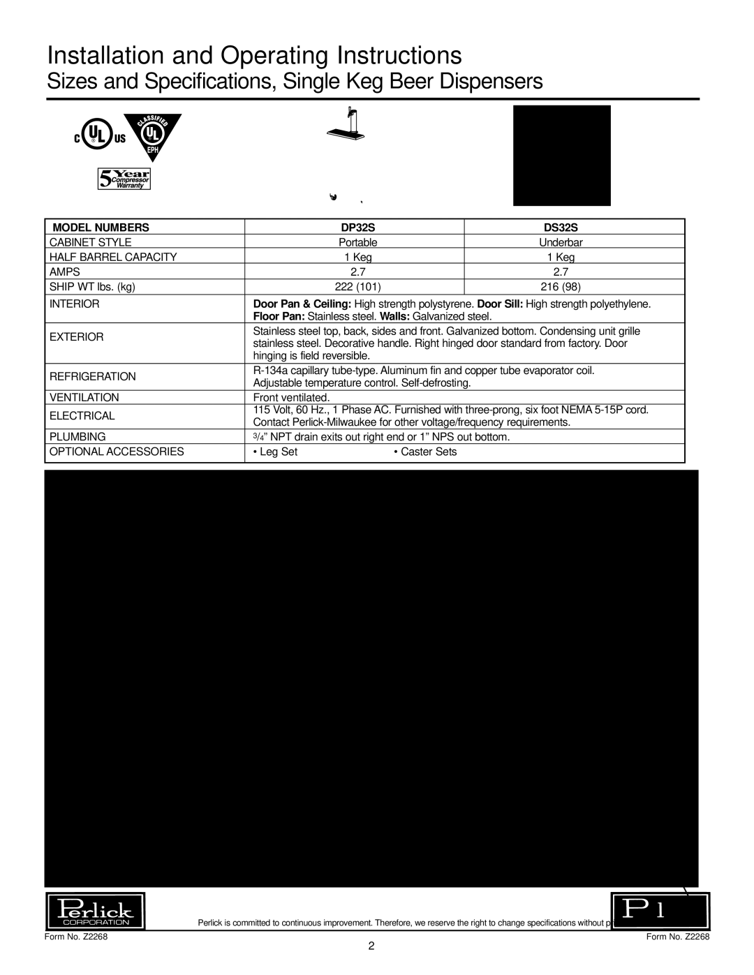 Perlick DS32S, DP32S specifications Preparing the Cabinet for Use Single Keg Beer Dispensers 