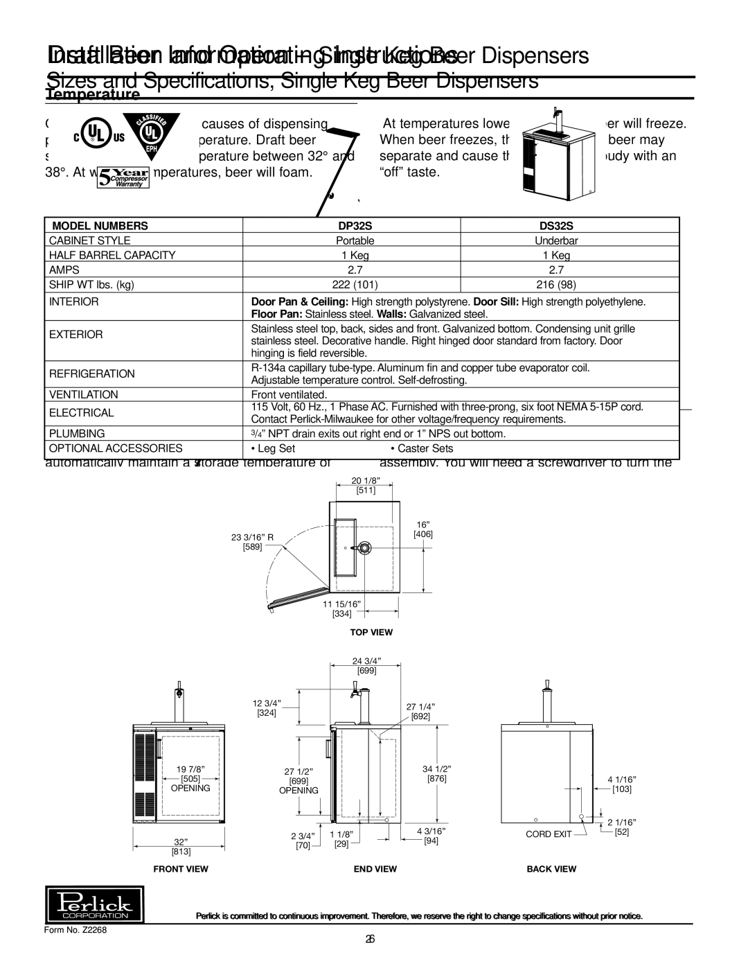 Perlick DP32S, DS32S Draft Beer Information Single Keg Beer Dispensers, Refrigeration and Temperature Control 