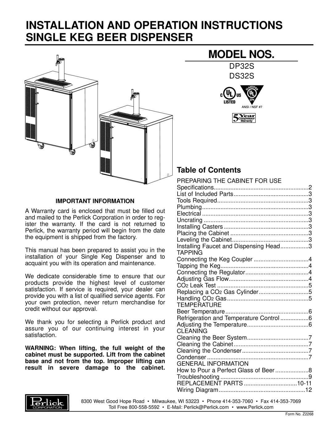 Perlick specifications Important Information, Model Nos, DP32S DS32S, Table of Contents 