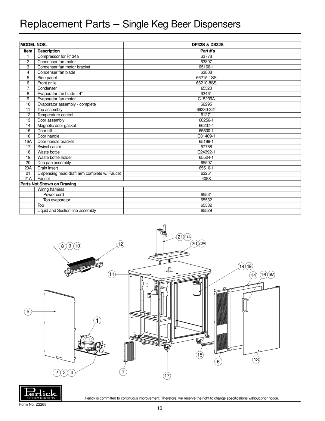 Perlick Replacement Parts - Single Keg Beer Dispensers, 21 21A, 14 16 16A, Model Nos, DP32S & DS32S, Description 