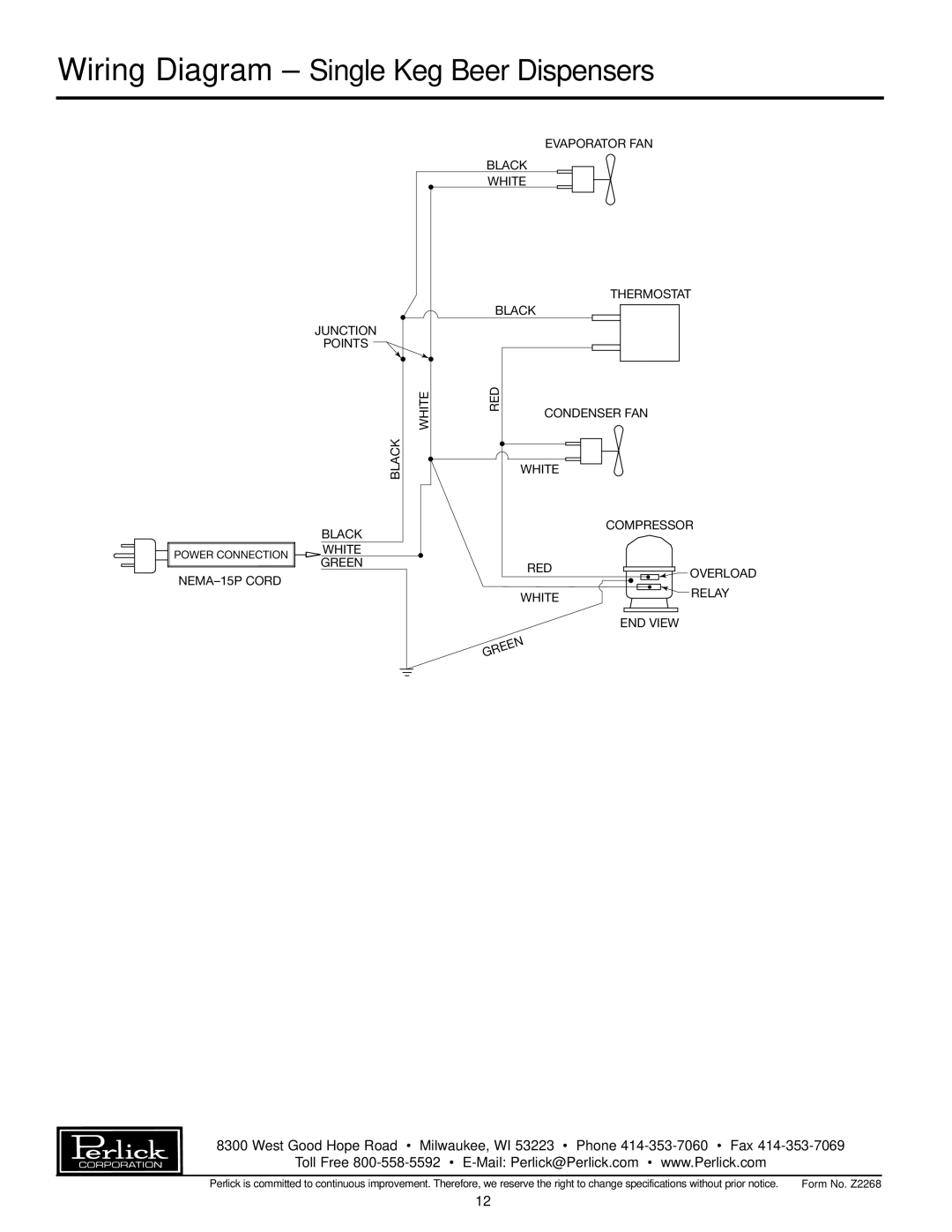 Perlick DP32S, DS32S specifications Wiring Diagram - Single Keg Beer Dispensers, Overload 