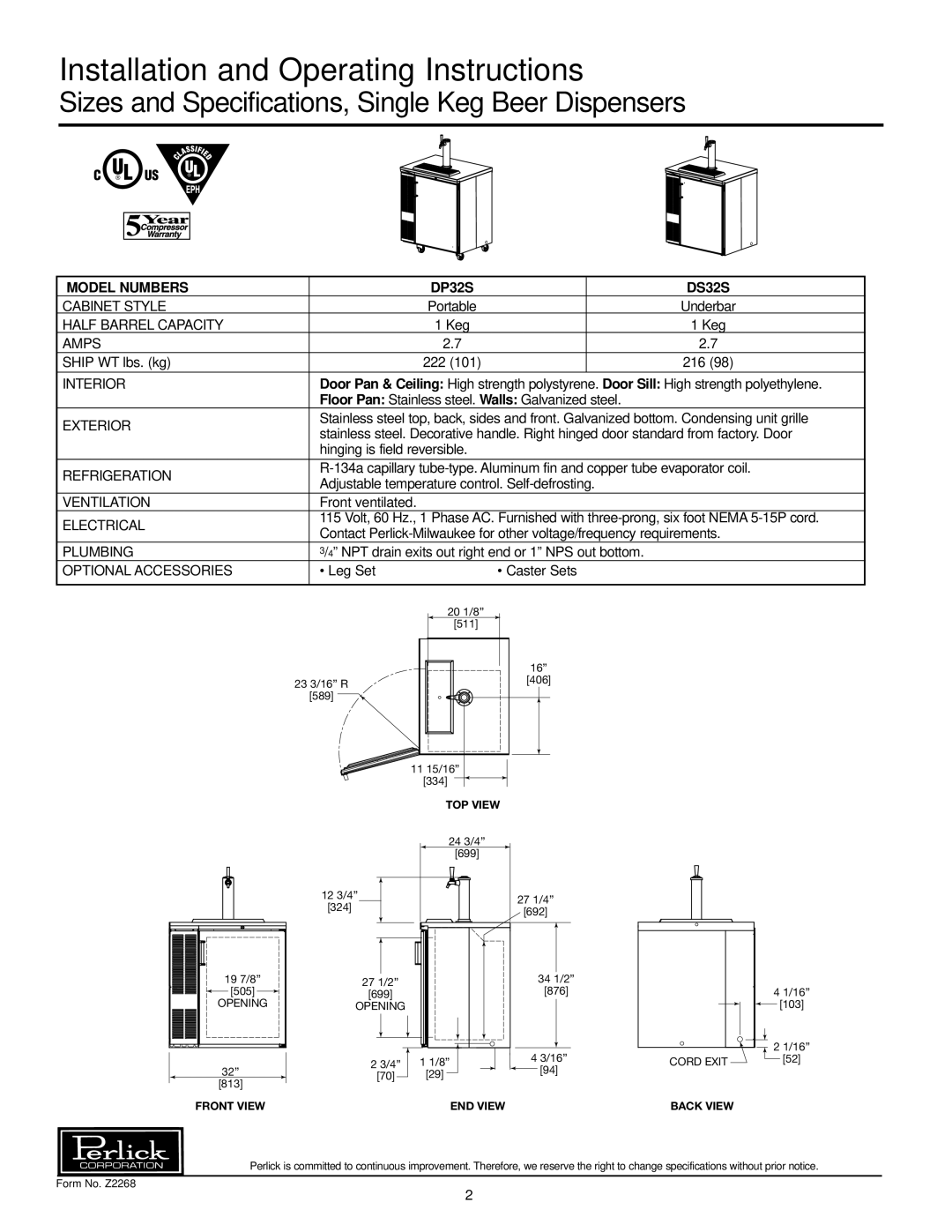 Perlick DP32S Installation and Operating Instructions, Sizes and Specifications, Single Keg Beer Dispensers, Model Numbers 